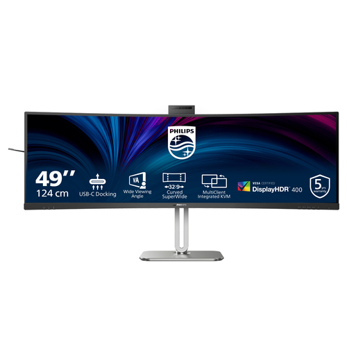 49B2U5900CH 49 CURVE VA LED DQHD 32/9 USB-C Docking, 4 ms, 5120 x 1440, USB-C -DP-2xHDMI-RJ45 & 3xUSB 3.2, Brightness 450 cd/m�, S Contrastratio 80M:1, Viewing angle 178�/178�, Windows Hello� pop-up webcam, KVM, Speakers, Height adjustment, Black – Philips