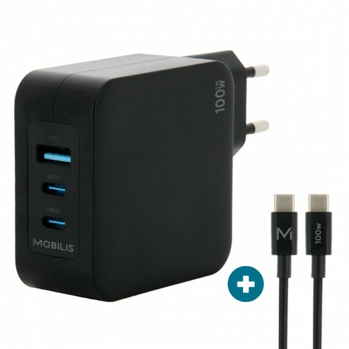 WALL CHARGER - 100 W - 2 USB C + 1 USB A GAN + CABLE - 2M - 100 – Mobilis