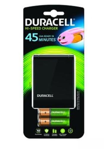 Duracell European 2-Pin plug; Fast charger; recharge 2 or 4 AA or AAA batteries. Includes 2 x AA 1300mAh cells in the pack. Supplied by Hypertec – Duracell