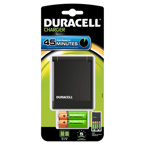 CEF27 Fast charger; recharge 2 or 4 AA or AAA batteries. Includes 2 x AA 1300mAh cells in the pack. Supplied by Hypertec – Duracell